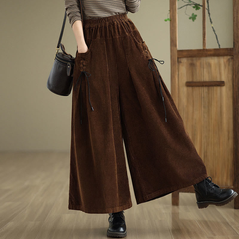 Women's Pure Color Drawstring Design Wide Leg Corduroy Pants With Pockets