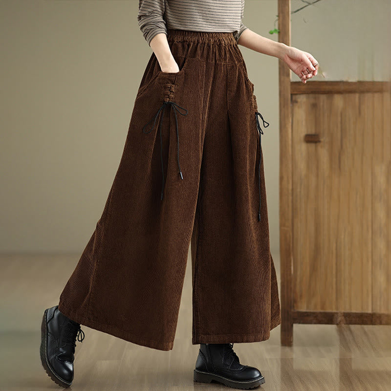 Women's Pure Color Drawstring Design Wide Leg Corduroy Pants With Pockets