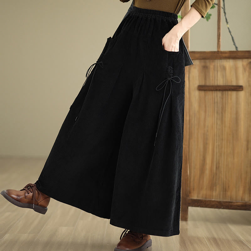 Women's Pure Color Drawstring Design Wide Leg Corduroy Pants With Pockets