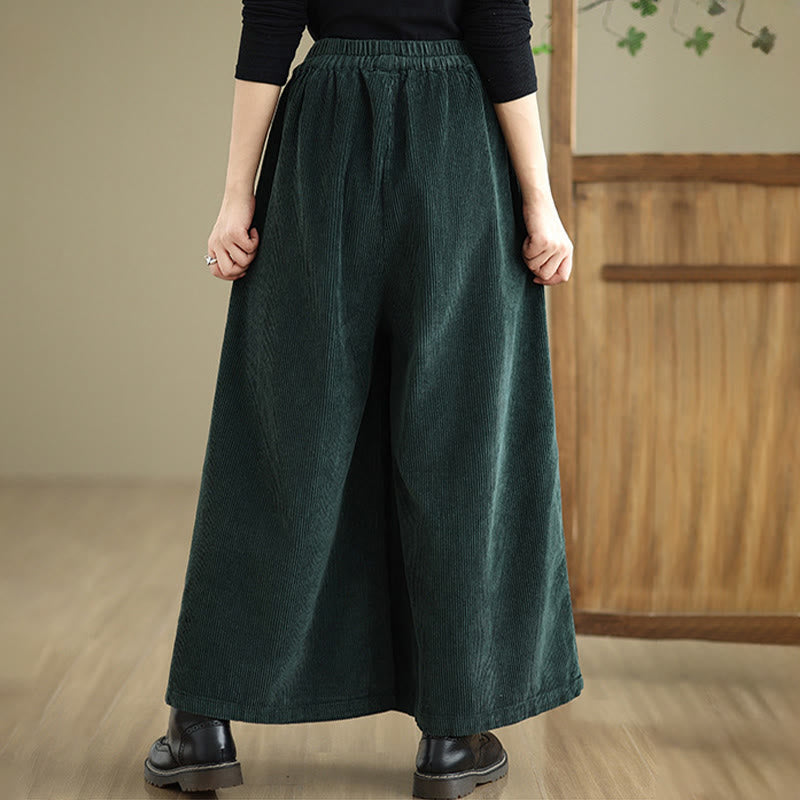 Women's Pure Color Drawstring Design Wide Leg Corduroy Pants With Pockets