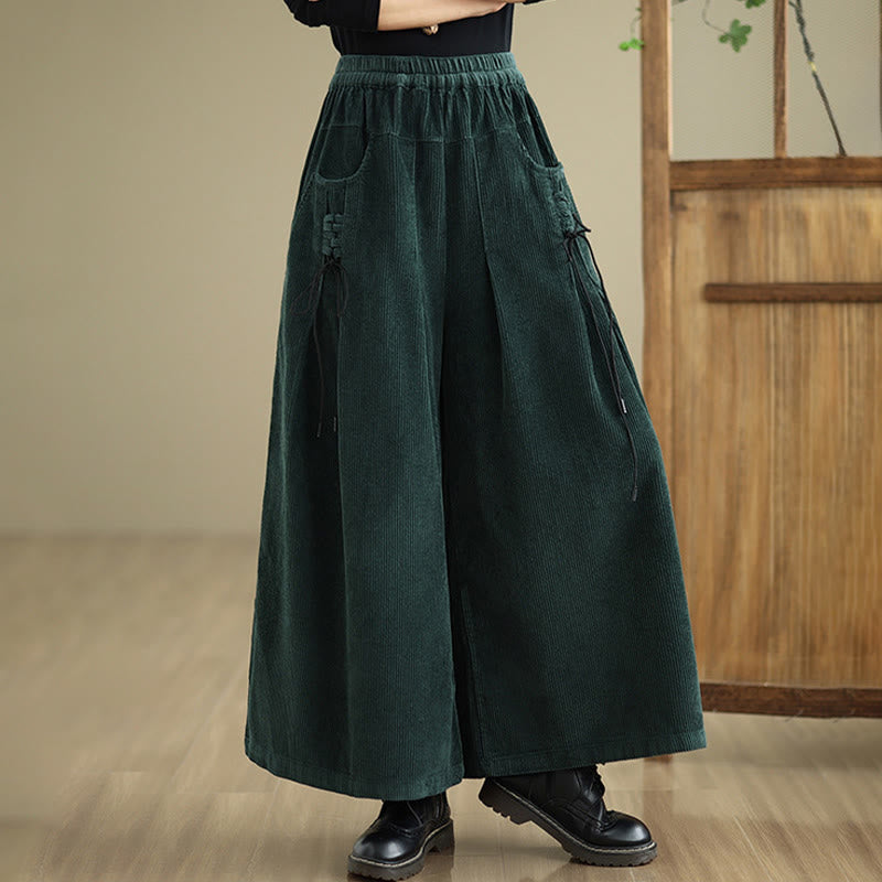 Women's Pure Color Drawstring Design Wide Leg Corduroy Pants With Pockets