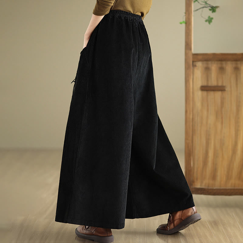 Women's Pure Color Drawstring Design Wide Leg Corduroy Pants With Pockets