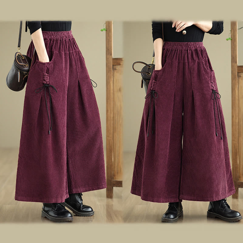 Women's Pure Color Drawstring Design Wide Leg Corduroy Pants With Pockets