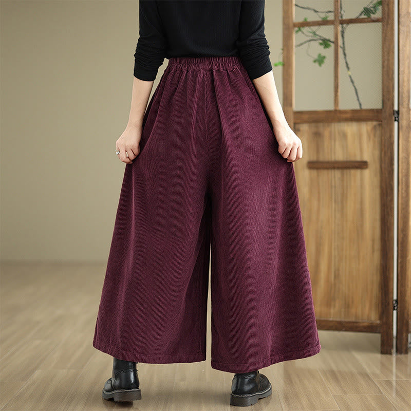 Women's Pure Color Drawstring Design Wide Leg Corduroy Pants With Pockets