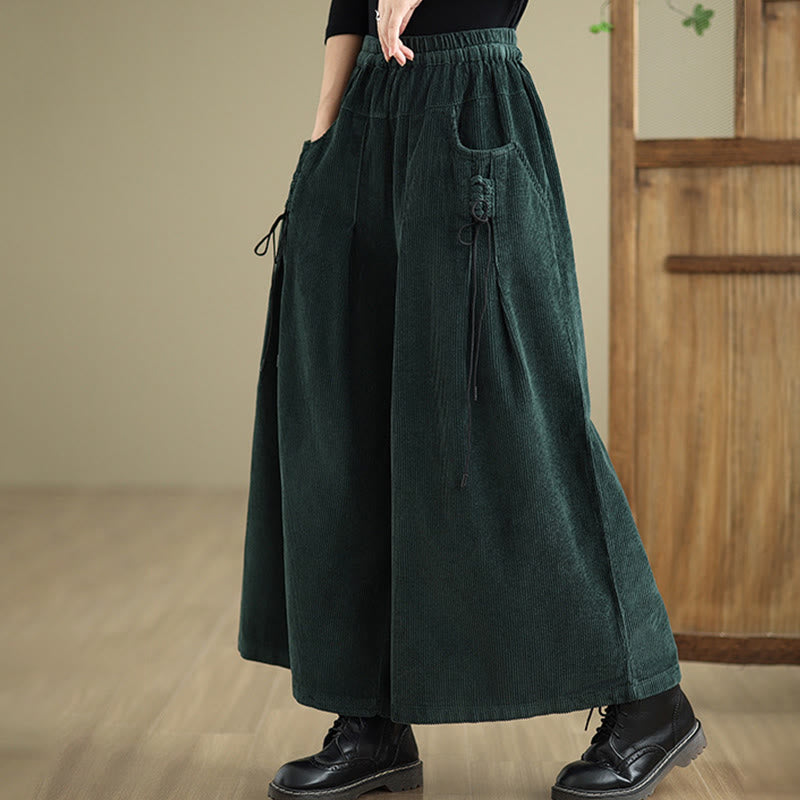 Women's Pure Color Drawstring Design Wide Leg Corduroy Pants With Pockets