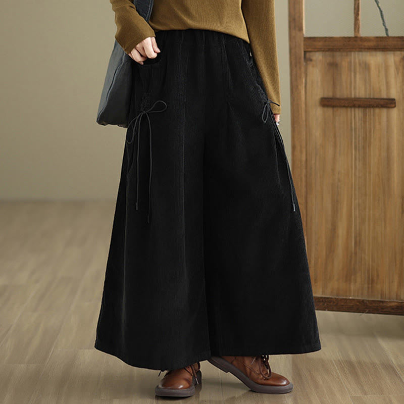 Women's Pure Color Drawstring Design Wide Leg Corduroy Pants With Pockets