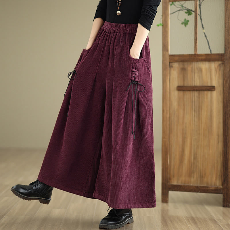 Women's Pure Color Drawstring Design Wide Leg Corduroy Pants With Pockets