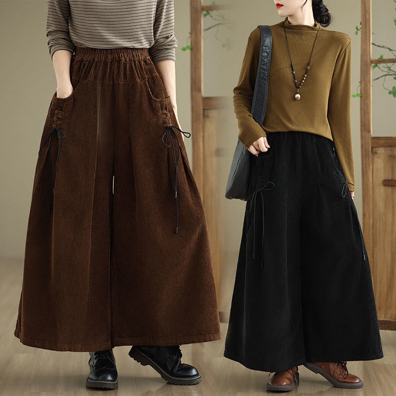 Women's Pure Color Drawstring Design Wide Leg Corduroy Pants With Pockets