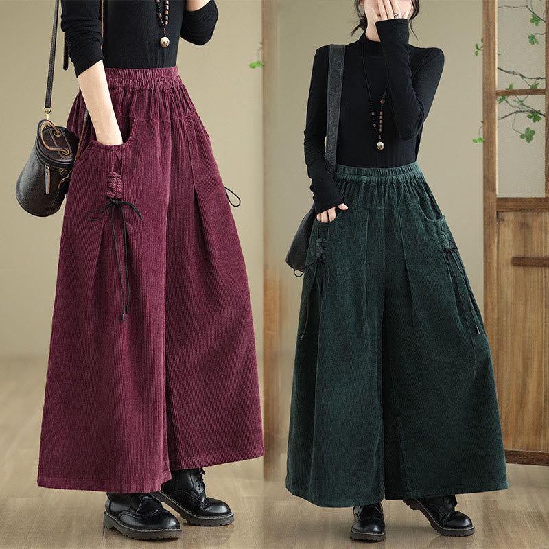 Women's Pure Color Drawstring Design Wide Leg Corduroy Pants With Pockets