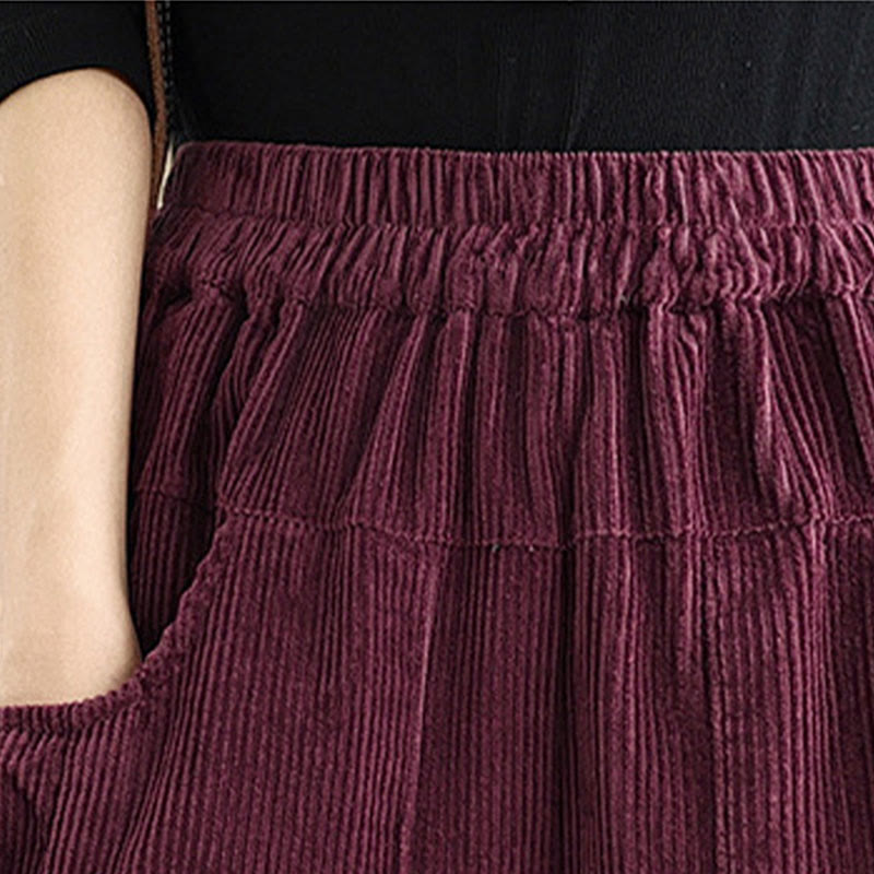 Women's Pure Color Drawstring Design Wide Leg Corduroy Pants With Pockets
