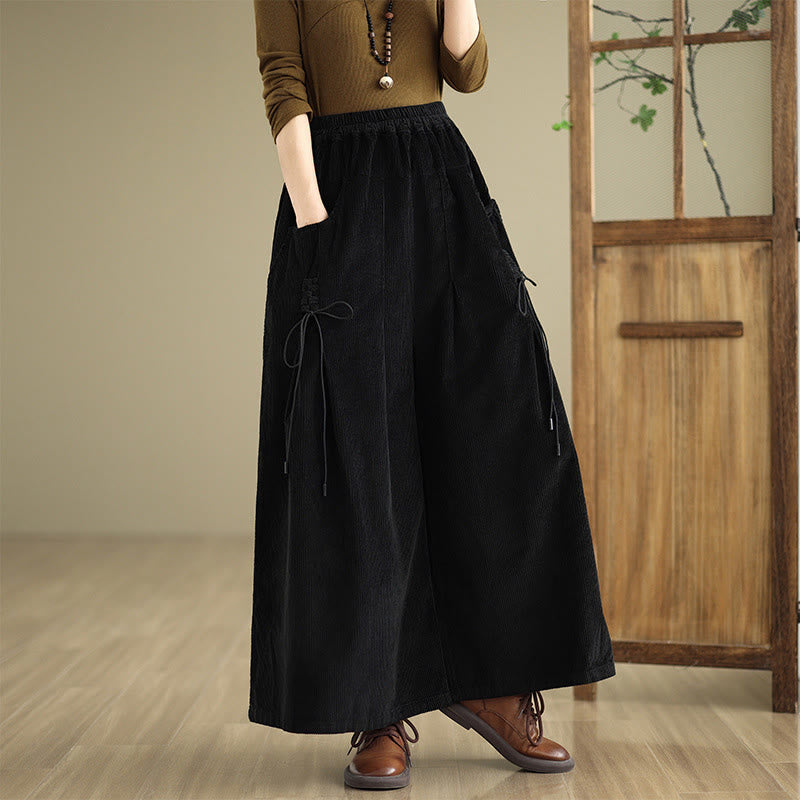Women's Pure Color Drawstring Design Wide Leg Corduroy Pants With Pockets