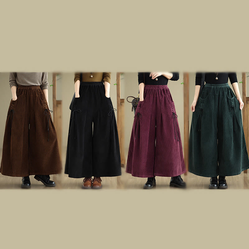 Women's Pure Color Drawstring Design Wide Leg Corduroy Pants With Pockets