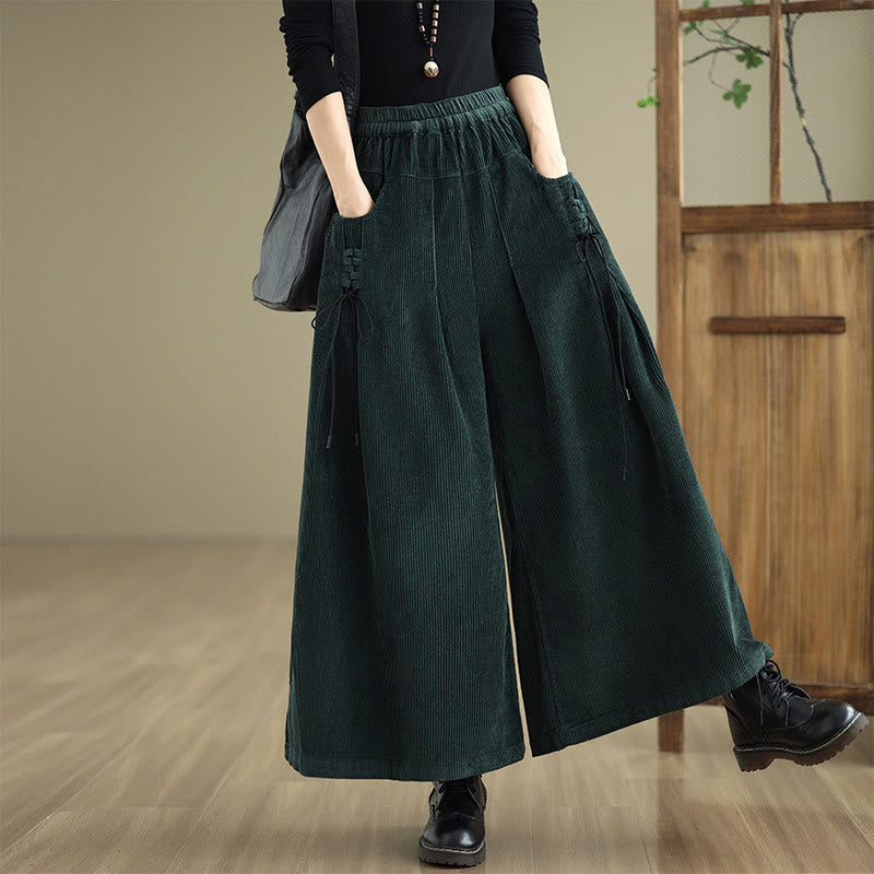 Women's Pure Color Drawstring Design Wide Leg Corduroy Pants With Pockets