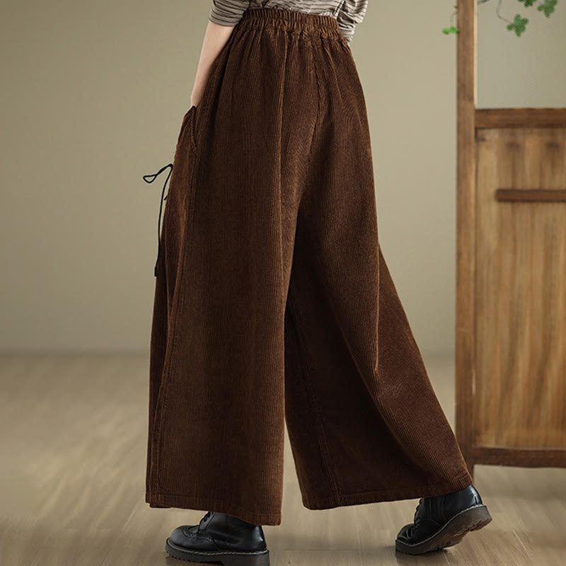 Women's Pure Color Drawstring Design Wide Leg Corduroy Pants With Pockets