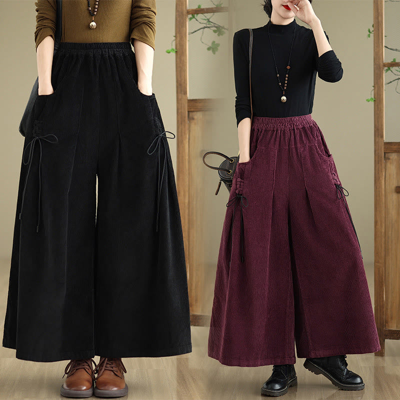 Women's Pure Color Drawstring Design Wide Leg Corduroy Pants With Pockets