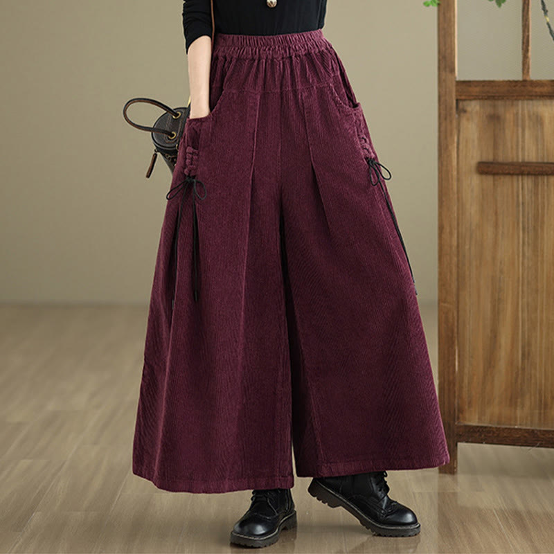 Women's Pure Color Drawstring Design Wide Leg Corduroy Pants With Pockets