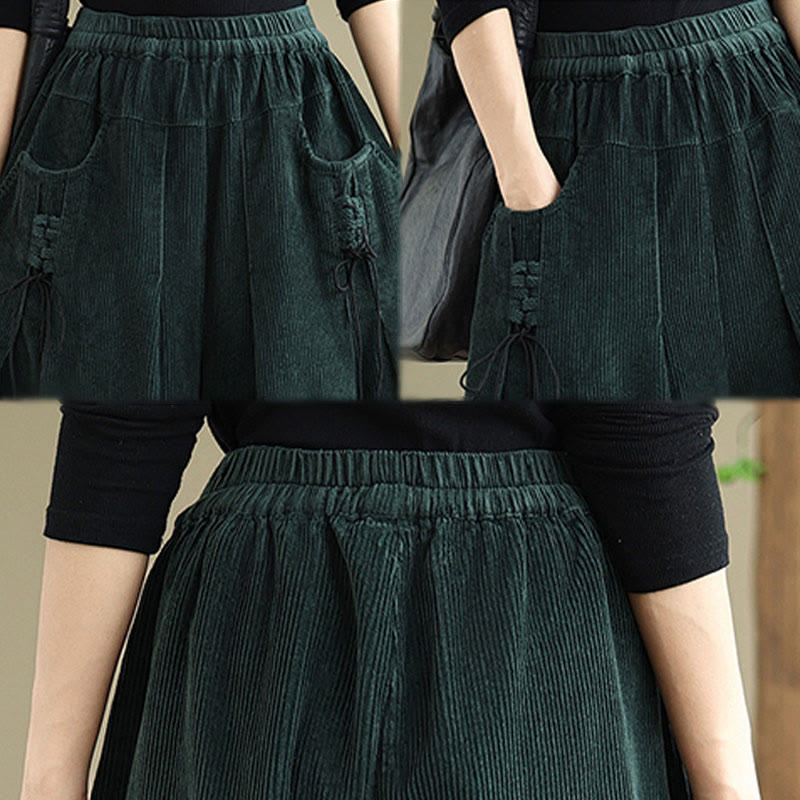 Women's Pure Color Drawstring Design Wide Leg Corduroy Pants With Pockets