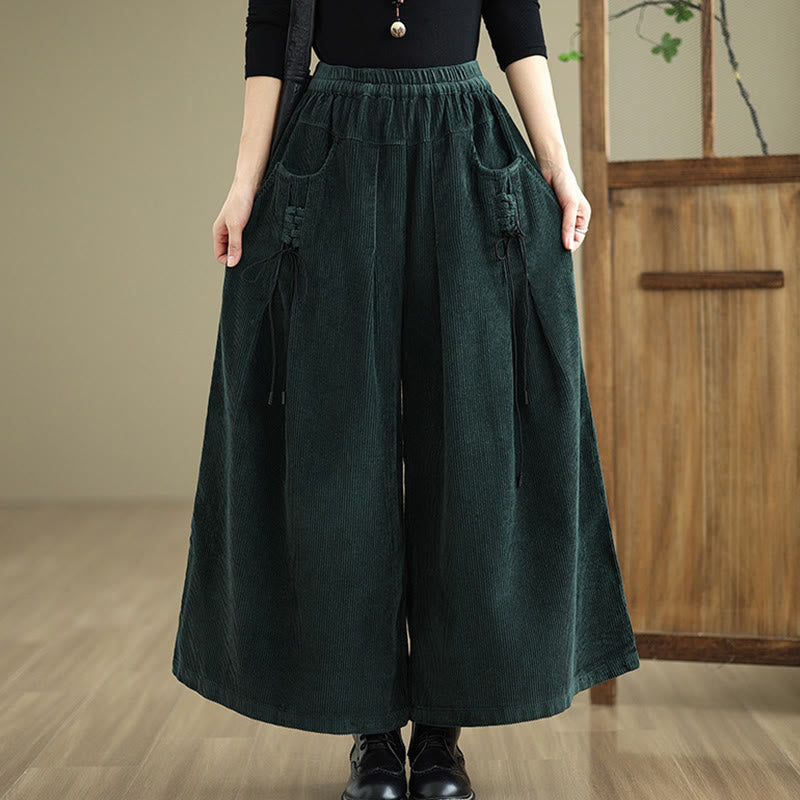 Women's Pure Color Drawstring Design Wide Leg Corduroy Pants With Pockets