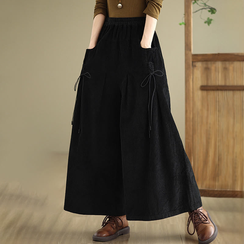 Women's Pure Color Drawstring Design Wide Leg Corduroy Pants With Pockets