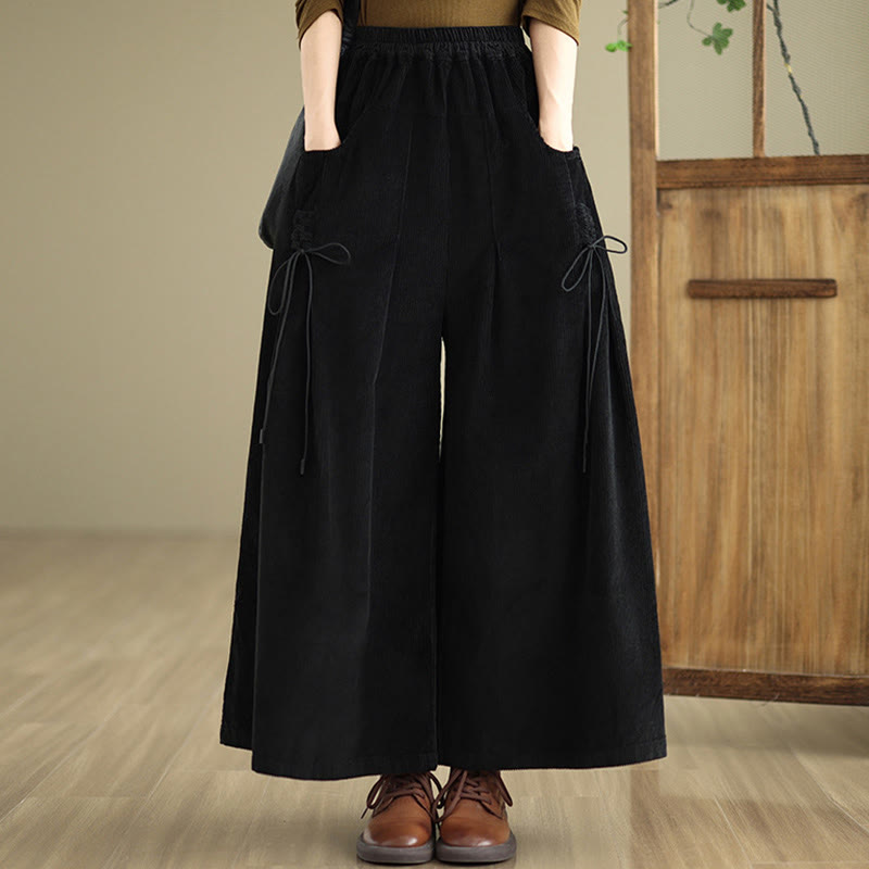 Women's Pure Color Drawstring Design Wide Leg Corduroy Pants With Pockets