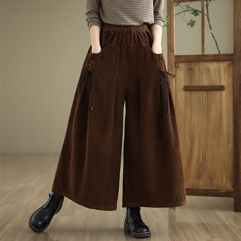 Women's Pure Color Drawstring Design Wide Leg Corduroy Pants With Pockets