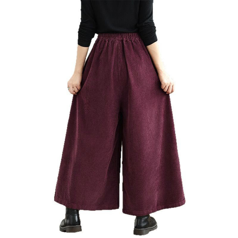 Women's Pure Color Drawstring Design Wide Leg Corduroy Pants With Pockets