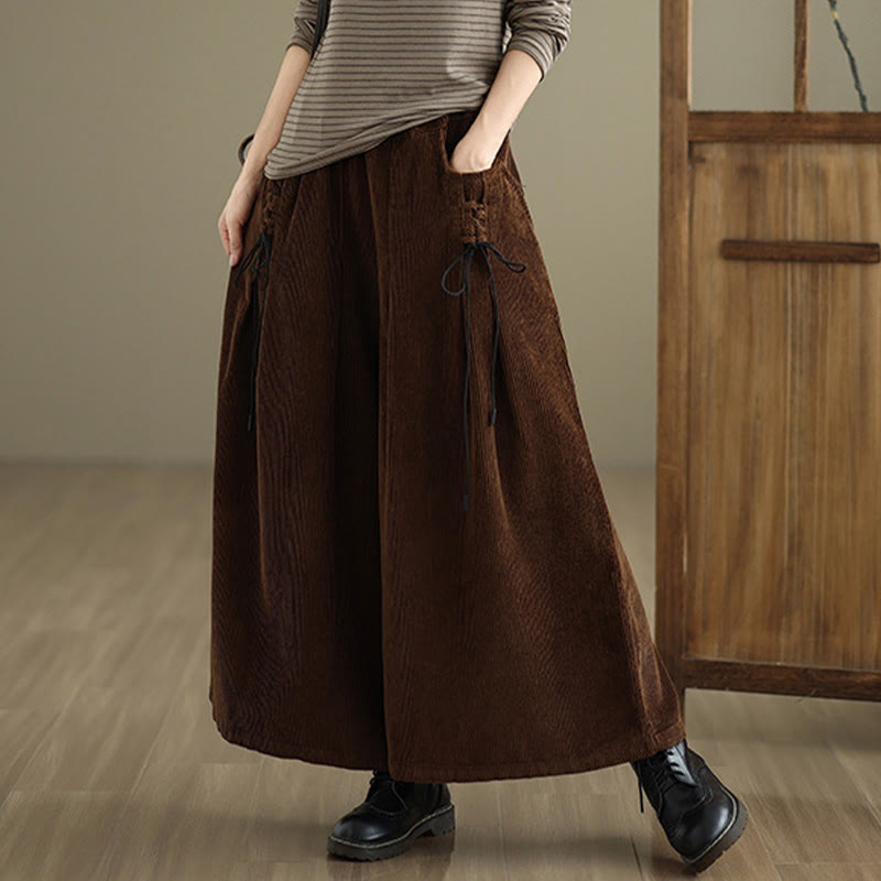 Women's Pure Color Drawstring Design Wide Leg Corduroy Pants With Pockets
