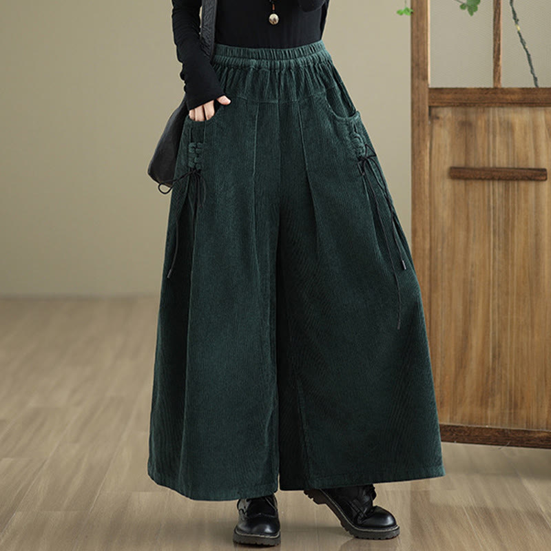 Women's Pure Color Drawstring Design Wide Leg Corduroy Pants With Pockets