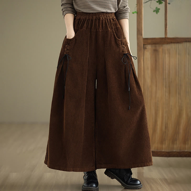 Women's Pure Color Drawstring Design Wide Leg Corduroy Pants With Pockets