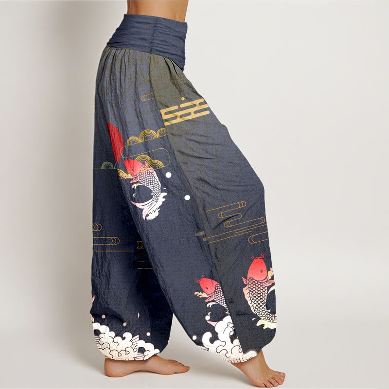 Pure Cotton Harem Pants with Symbolic Koi and Wave Print