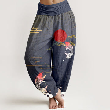 Pure Cotton Harem Pants with Symbolic Koi and Wave Print
