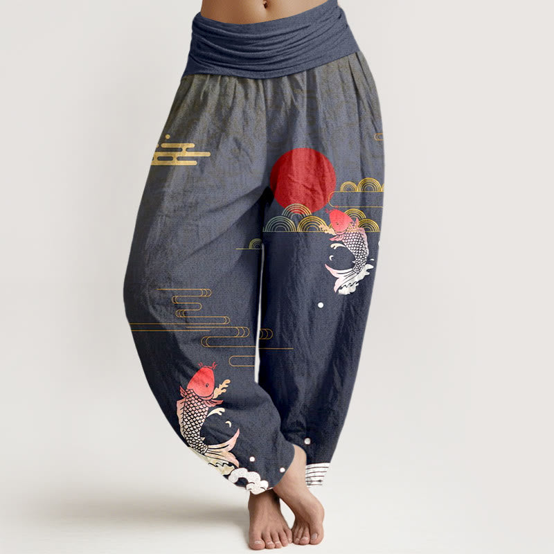 Pure Cotton Harem Pants with Symbolic Koi and Wave Print