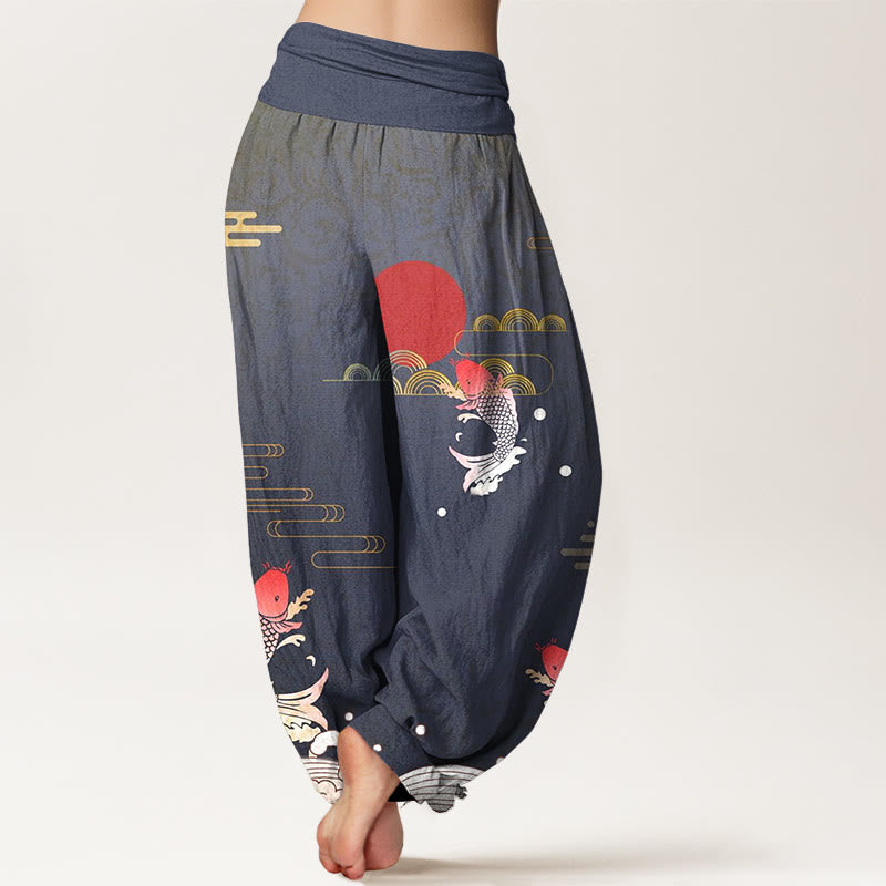 Pure Cotton Harem Pants with Symbolic Koi and Wave Print