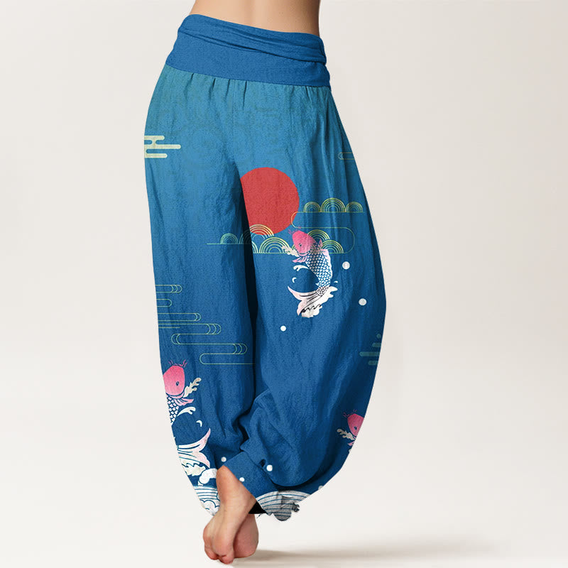 Pure Cotton Harem Pants with Symbolic Koi and Wave Print