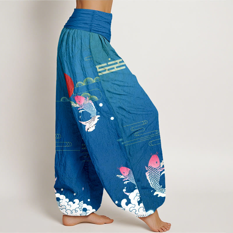 Pure Cotton Harem Pants with Symbolic Koi and Wave Print