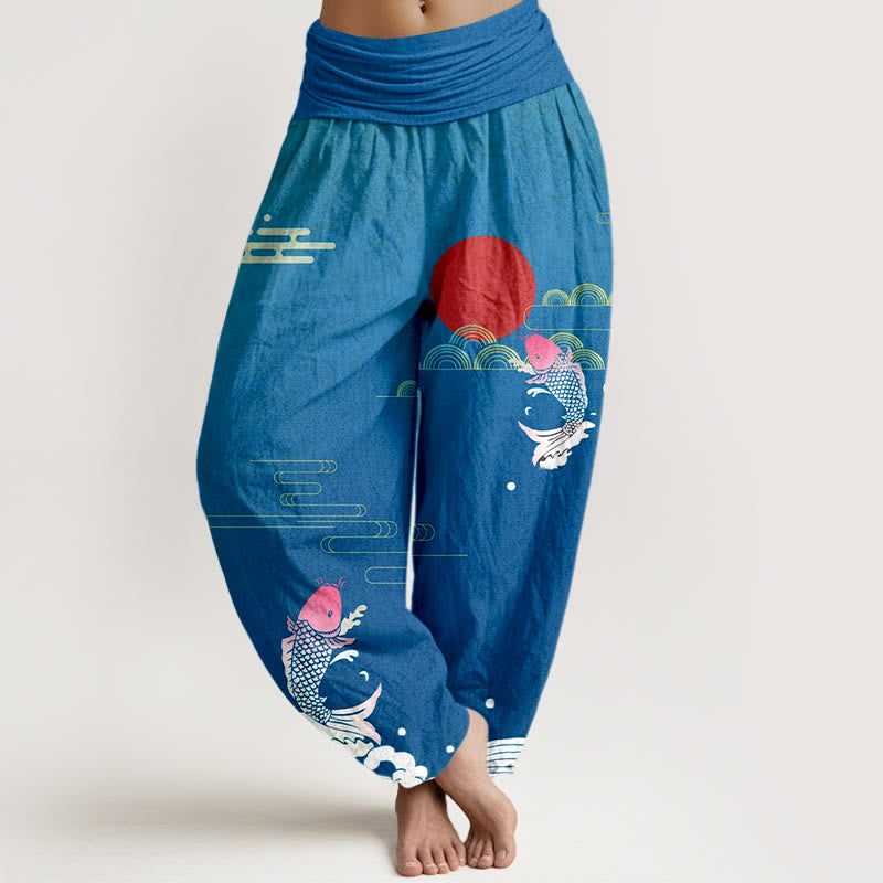 Pure Cotton Harem Pants with Symbolic Koi and Wave Print