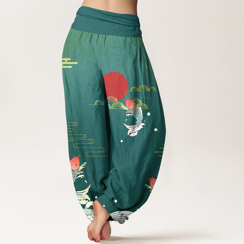 Pure Cotton Harem Pants with Symbolic Koi and Wave Print