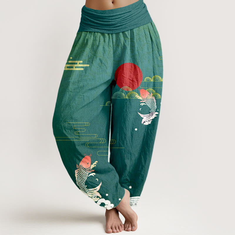 Pure Cotton Harem Pants with Symbolic Koi and Wave Print