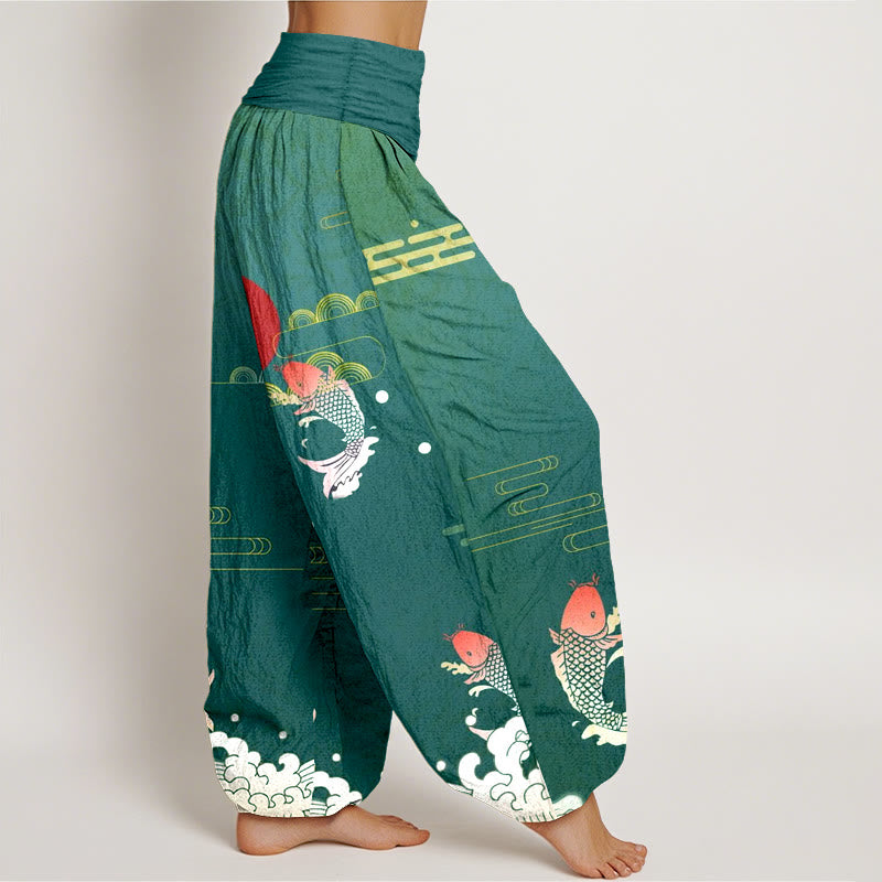 Pure Cotton Harem Pants with Symbolic Koi and Wave Print