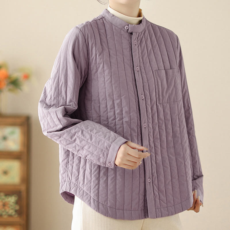 Women's Stand Collar Simple Design Long Sleeve Thermal Cotton Jacket With Pocket