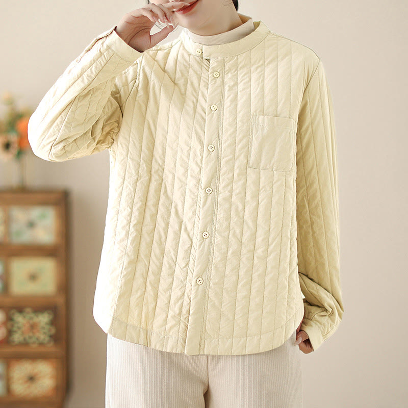 Women's Stand Collar Simple Design Long Sleeve Thermal Cotton Jacket With Pocket