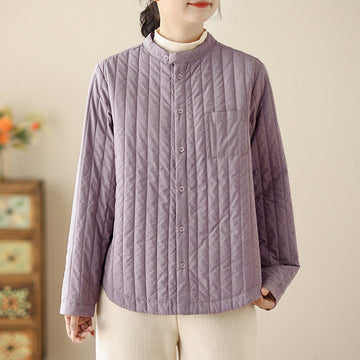Women's Stand Collar Simple Design Long Sleeve Thermal Cotton Jacket With Pocket