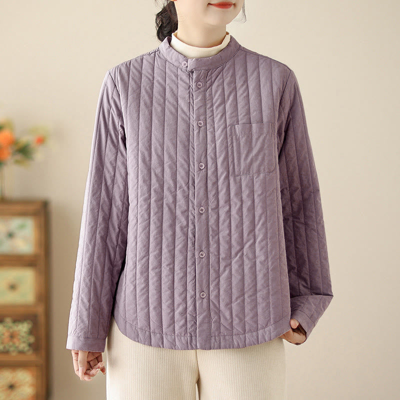 Women's Stand Collar Simple Design Long Sleeve Thermal Cotton Jacket With Pocket