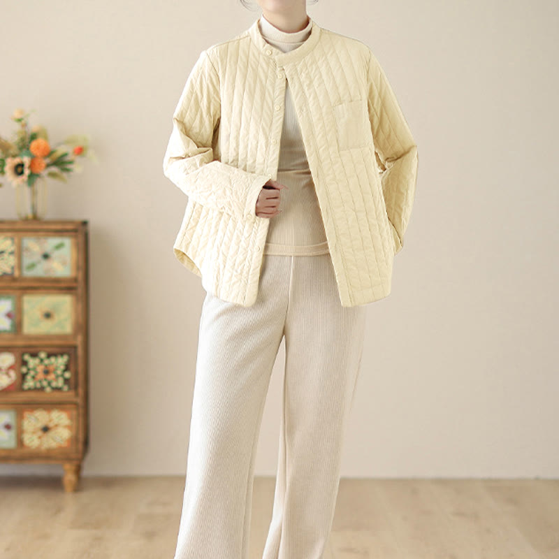 Women's Stand Collar Simple Design Long Sleeve Thermal Cotton Jacket With Pocket