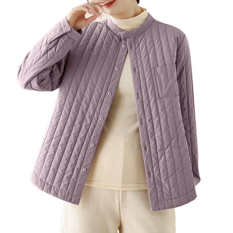 Women's Stand Collar Simple Design Long Sleeve Thermal Cotton Jacket With Pocket