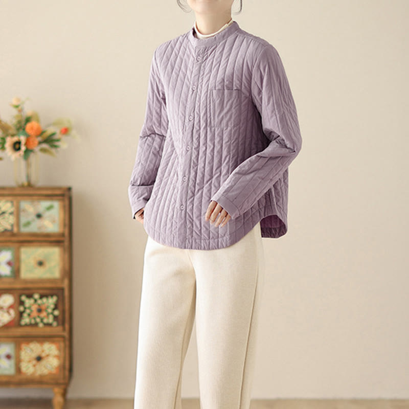 Women's Stand Collar Simple Design Long Sleeve Thermal Cotton Jacket With Pocket