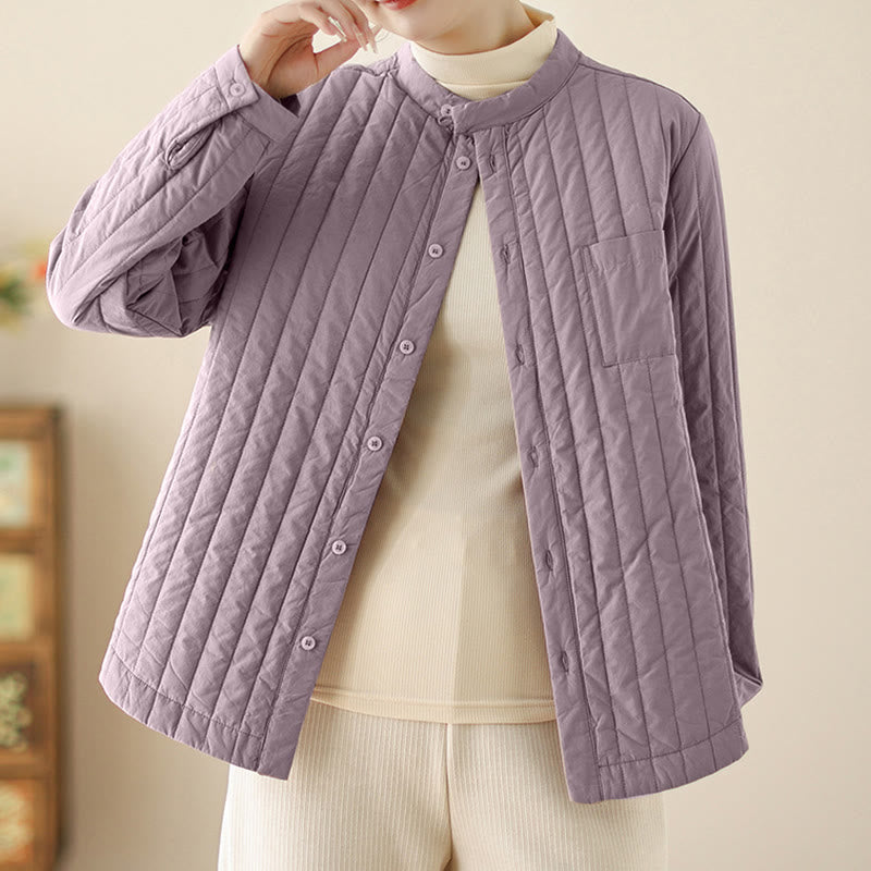 Women's Stand Collar Simple Design Long Sleeve Thermal Cotton Jacket With Pocket