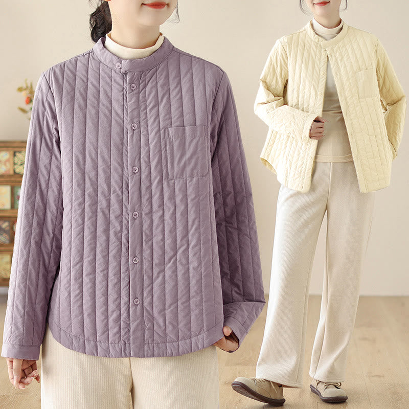 Women's Stand Collar Simple Design Long Sleeve Thermal Cotton Jacket With Pocket