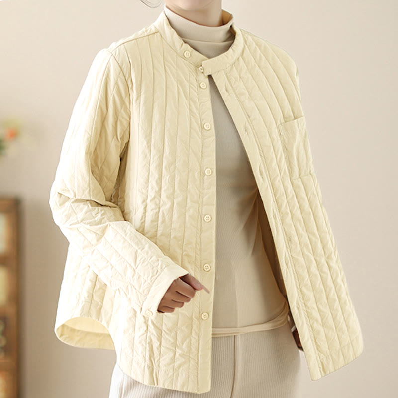 Women's Stand Collar Simple Design Long Sleeve Thermal Cotton Jacket With Pocket