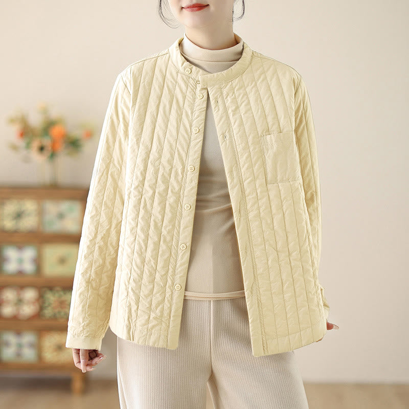 Women's Stand Collar Simple Design Long Sleeve Thermal Cotton Jacket With Pocket
